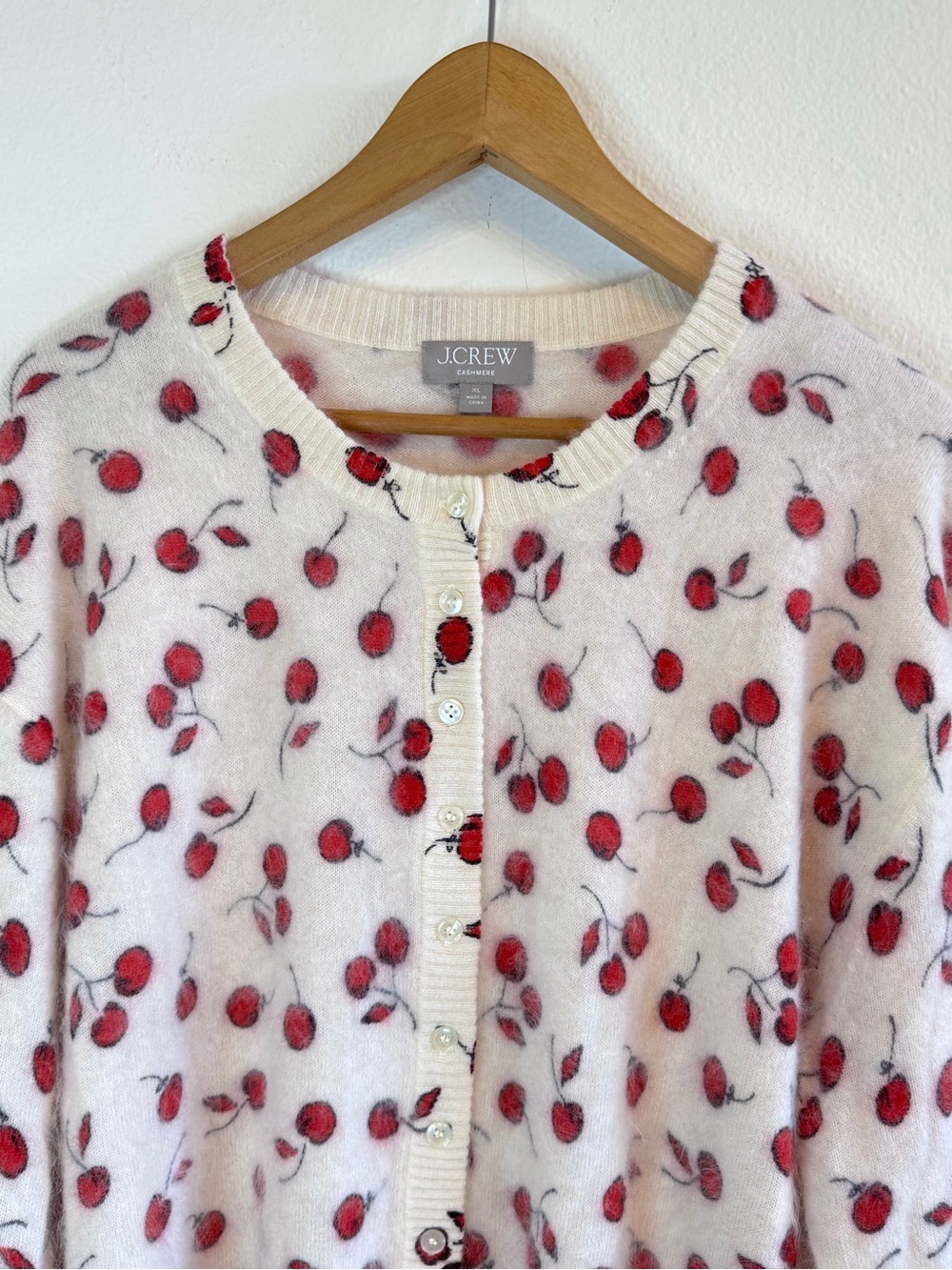 J. Crew Brushed Cashmere Cardigan Cherry Print Fuzzy - Picture 3 of 15